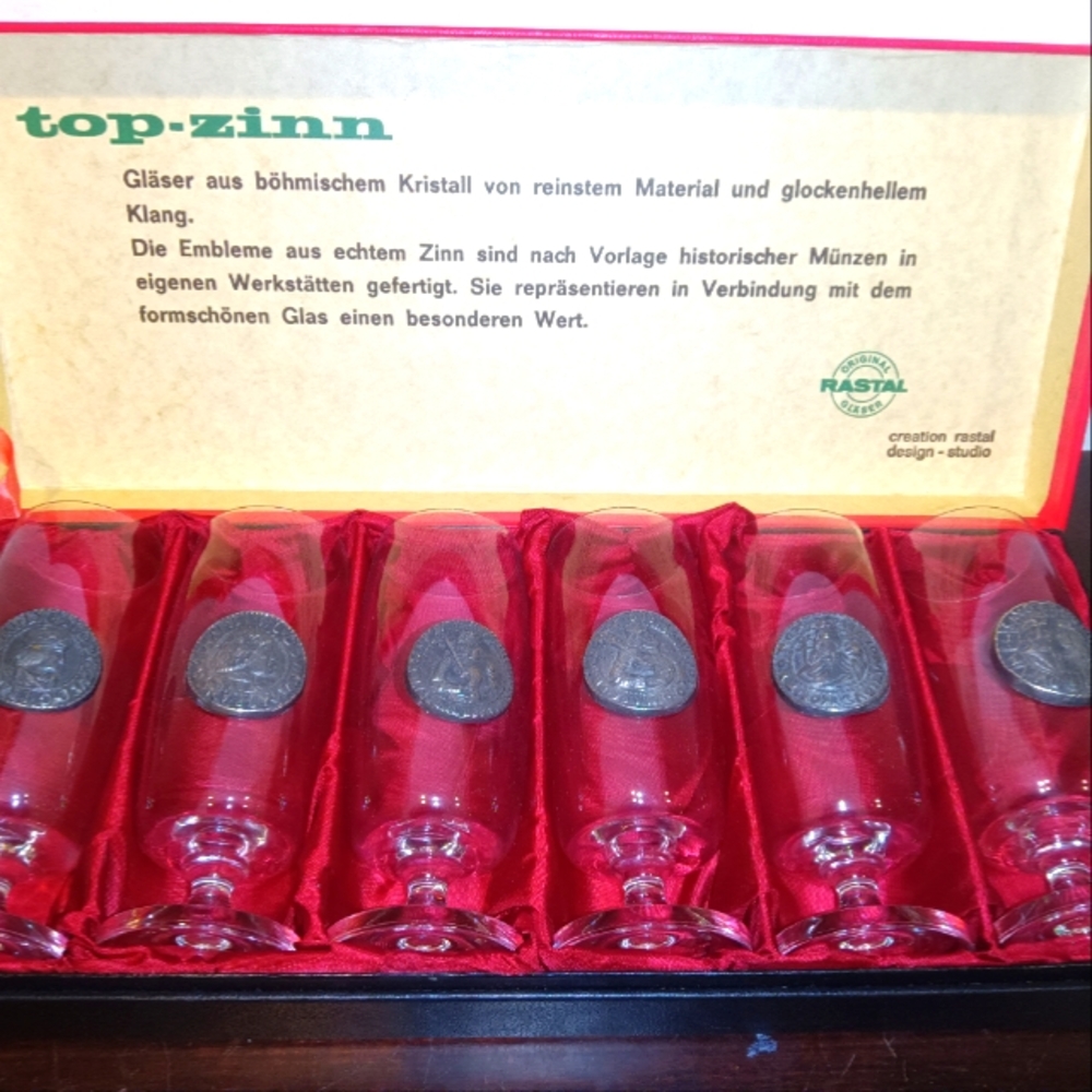 Set 6 In Box Vintage Rastal Top-Zinn Crystal Germany Beer Pilsner Glasses Coins